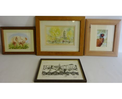 Pigs and Pheasant, pair watercolours signed and dated Jon Nichols, Old Market Square Nottingham, watercolour signed by Hedley