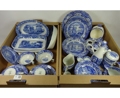 Spode 'Italian' dinner and teaware including casserole dishes, salt pig, egg stand, sugar sifter, soup bowls etc in two boxes