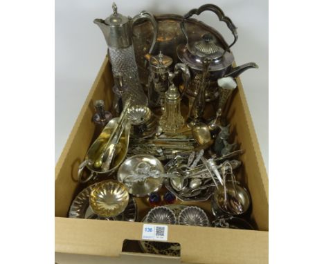 19th/ early 20th Century silver plated gypsy kettle, button hook with hallmarked silver handle, claret jug, flatware and othe