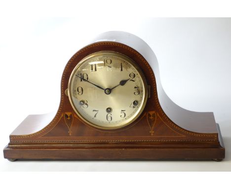 Edwardian inlaid mahogany hat top mantle clock, H24cm CLOCKS & BAROMETERS - as we are not a retailer, these items are sold as