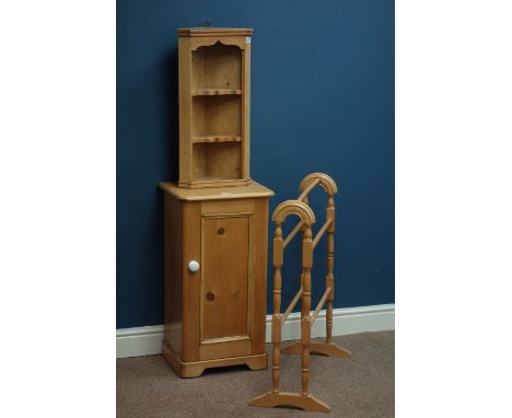 Victorian pine bedside cabinet (W40cm, H73cm, D34cm), towel rail and wall hanging corner shelf   Condition Report   Click her