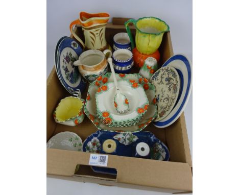 Crown Devon Art Deco dinnerware, Burslem Jug, Belleek dish, porcelain inkwell and other decorative ceramics in one box   Cond