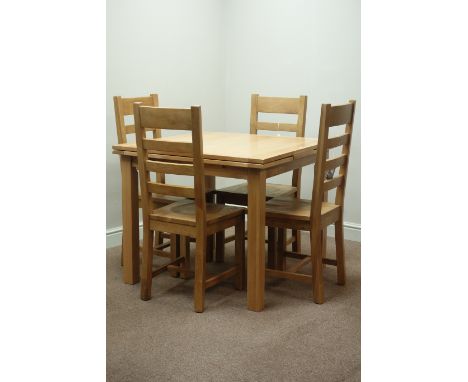 Light oak square drawer leaf extending dining table (90cm x 90cm - 156cm, H77cm), and set four ladder back dining chairs   Co