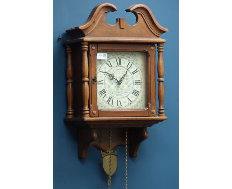 New England stained beech cased wall hanging clock, H58cm CLOCKS & BAROMETERS - as we are not a retailer, these items are sol