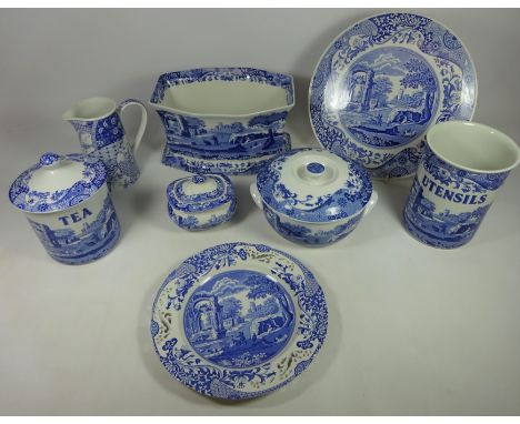 Spode 'Italian' pattern ceramics including a large dish, 'Tea' and 'Utensils' jars, pierced plate and other ceramics in one b