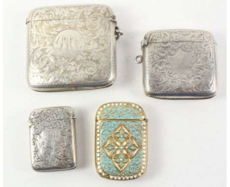 Three Victorian and later hallmarked silver vesta cases and a brass and enamel vesta   Condition Report   Click here for furt