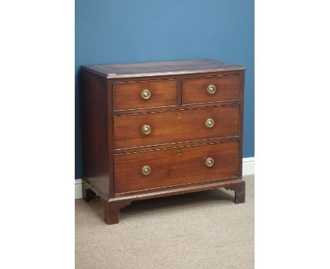 George III mahogany chest, two short and two long drawers, cross banded top, with brass plate handles, bracket feet, oak line