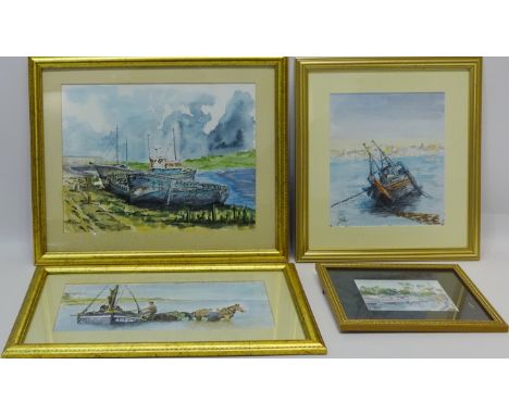 Beached Fishing Boats, pair ink and watercolours signed by G H Robson and three Seascape Scenes by same hand max 23cm x 31cm 