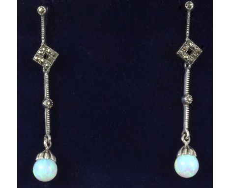 Opal and marcasite long drop ear-rings stamped 925   Condition Report   Click here for further images, condition, auction tim