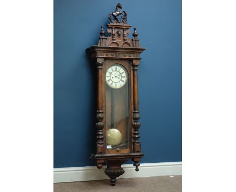 Large 19th century walnut cased Vienna regulator wall clock, turned and carved pilasters, enamel dial, subsidiary second dial