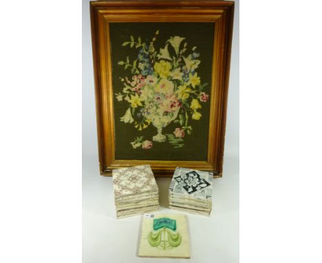 Art Nouveau period tile, collection of Victorian tiles and a large needle point picture in Victorian gilt frame    Condition 