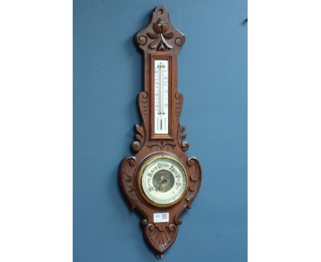 20th century carved oak cased aneroid barometer with mercury barometer, H61cm CLOCKS & BAROMETERS - as we are not a retailer,