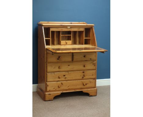 Ducal polished pine bureau fall front above slide, two short and three long drawers (W88cm, H114cm, D43cm), and stick and hoo