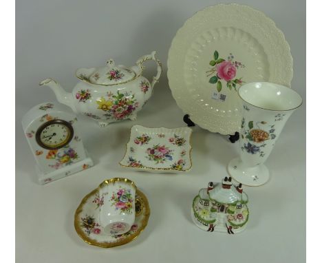 Hammersley tea pot, dish and tea cup and saucer, porcelain mantle clock, Coalport cottage, clock and other decorative ceramic