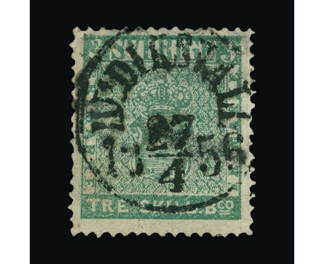 Sweden : (SG 1a) 1855-58 3 Skilling Banco green fine used, full 1856 c.d.s. Cat £4500 (image available) [US2]