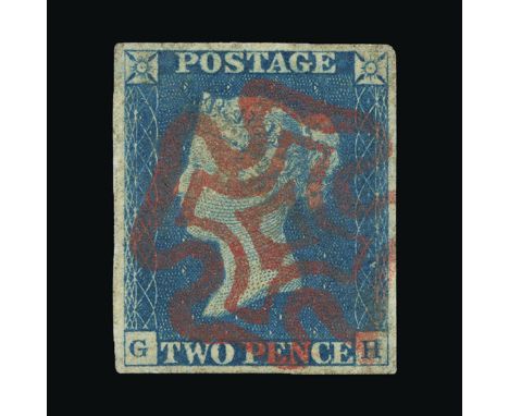 Great Britain - QV (line engraved) : (SG 5) 1840 2d blue, plate 1, GH, 4 good margins, with crisp neat RUBY MALTESE CROSS, fi