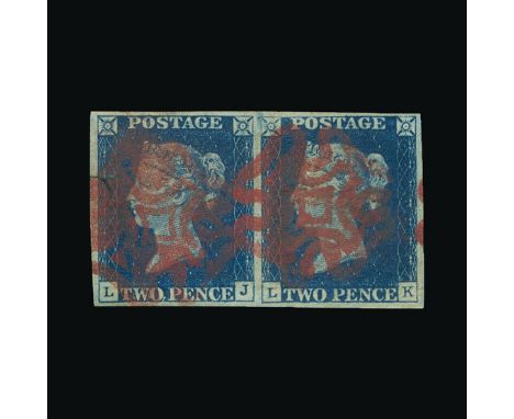 Great Britain - QV (line engraved) : (SG 5) 1840 2d blue, plate 1, horizontal pair, LJ-LK (guide line in NW corner of LK), sm