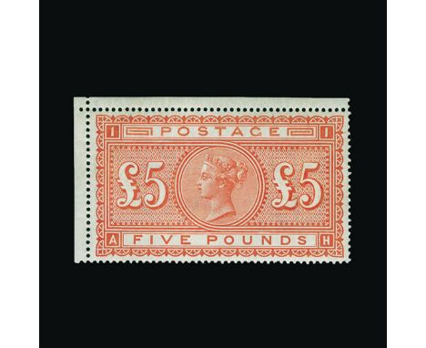 Great Britain - QV (surface printed) : (SG 137) 1867-83 £5 orange, AH, well centred example from NW corner of sheet, small pa