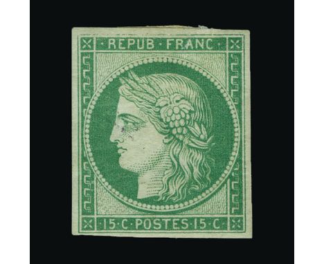 France : (SG 4) 1850 Ceres 15c green on bluish-green - good-looking example with even margins and much original gum - large t