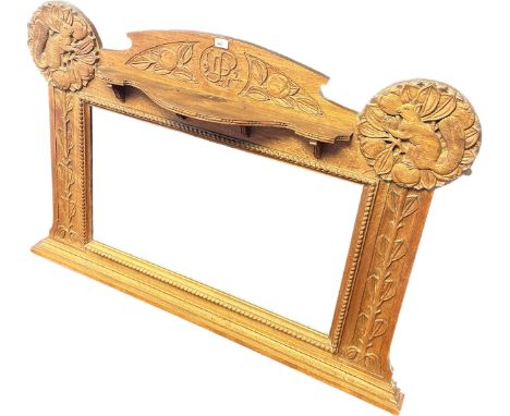 Large oak Art Deco over mantle mirror, carved with squirrels to each side and initials JPD 1912 to the top.[95x129cm] 