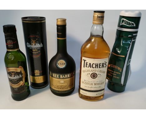 Two bottles of scotch whisky Glenfiddich &amp; teachers , bottle of three barrels Rare old french brandy along with McGibbons