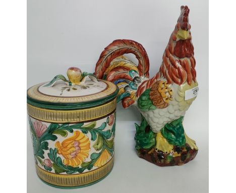 Majolica cockeral study along with an Italian hand painted ceramic pot with lid 