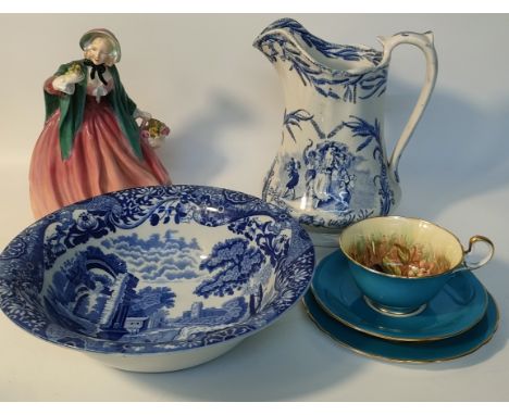 Selection of collectables; Royal doulton figure Lady chapman hn1949, aynsley fruit pattern trio, 20th century harvest home pa