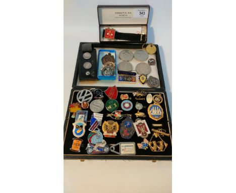 A Collection of collectable enamel badges, coins, golf counter watch &amp; silver hall marked button epilet 