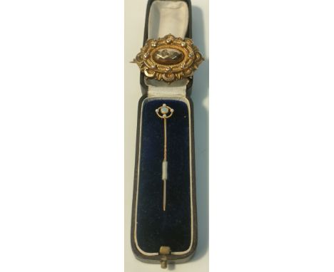 Victorian Gold tie pin brooch set with centre  opal stone &amp; sea pearls surrounding . Together with a yellow metal Victori