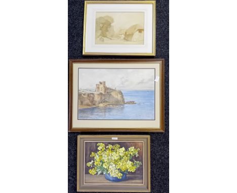 Three Artworks:Stanley Smith (A.R.C.A)Watercolour titled 'Wallflowers', signed.Walter HallcottWatercolour village scene, sign