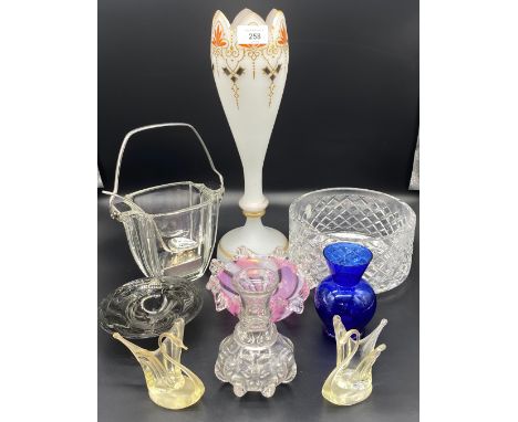 Collection of Art glass; Mozart style vase &amp; cranberry glass sweet bowl and Waterford crystal bowl 