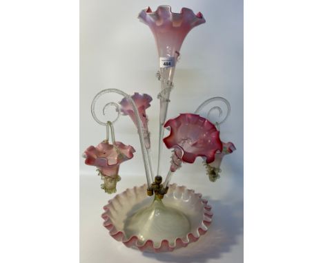 Large antique glass Epergne centre piece. Pink and opalescent spouts, two twist hanging canes. [54cm high] 