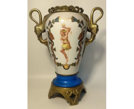 19th century Egyptian scene white ceramic &amp; brass handles vase with hand painted Egyptian scene [33.5x27cm] 