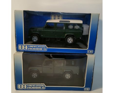 Two universal hobbies 1:18 scale farm jeep models 