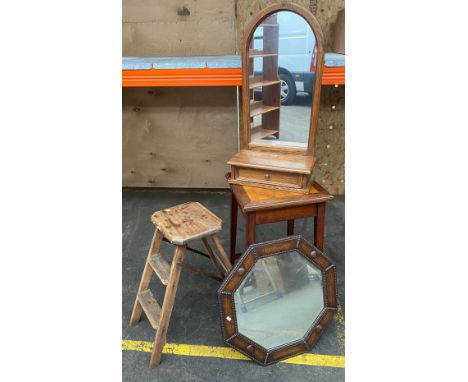 Oak dressing table mirror,  vintage step ladders, occasional table along with oak mirror 