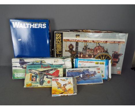 Lindberg, Bandai, Walthers Cornerstone, Academy - A group of plastic model kits in various scales. Lot includes Bandai 1:16 s