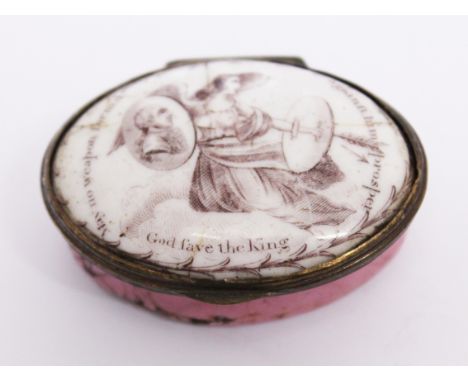 A Bilston type enamel pill box "May No Weapon Form'd Against Him Prosper. God Save The King", length 5.2cm