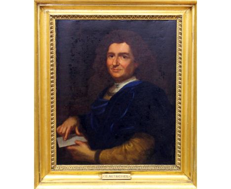 After Casper Netscher. Portrait of a man. Oil on canvas. 32cm x 41cm. Gilt framed. Unsigned.