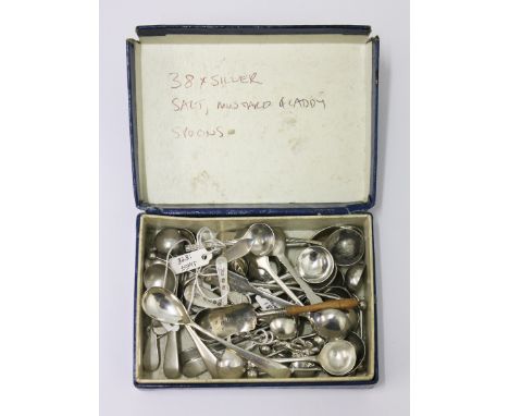 "38 X SILVER SALT, MUSTARD &amp; CADDY SPOONS"
 
Condition good, 37 hallmarked silver, one silver plated, no damage/repair, g