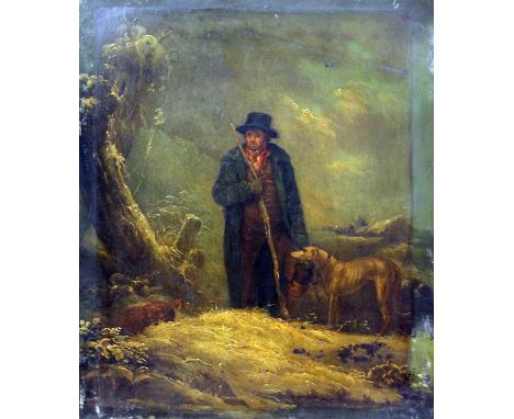 19th Century Naive school. Portrait of a man with dog. Oil on metal panel. 32cm x 39cm. Unsigned.