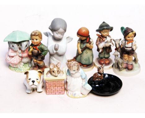 A mixed lot comprising three Royal Albert figures, four Hummel figures, a Lladro figure, a Wade ash tray and a dog. Condition