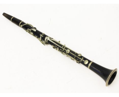 A nickel plated rosewood clarinet. Condition - one key broken and missing, some keys missing springs, wear to include marks a