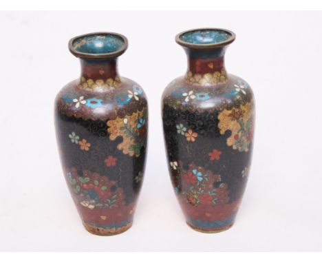 A pair of Japanese cloisonne vase, height 15cm. Condition - various loss to enamel, dints, scratches etc.