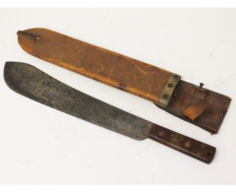 A WWII machete and scabbard, length 55cm. Condition - leather worn, chip to handle, minor dings to blade.