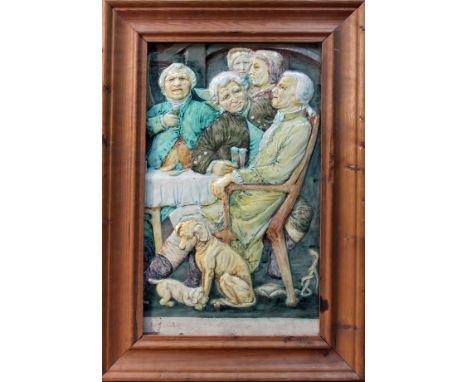 A large ceramic plaque in wooden frame 55cm x 78cm. Condition - general wear to include minor chip, old hairlines etc.