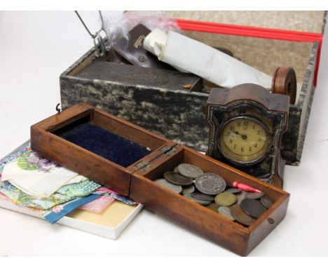 A mixed lot comprising a silver and oak clock, a cribbage board, various coins etc. Condition - silver on clock bent and comi