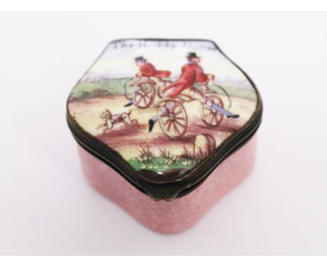 A Bilston type enamel pill box "The Hobby Horse", length 4.2cm