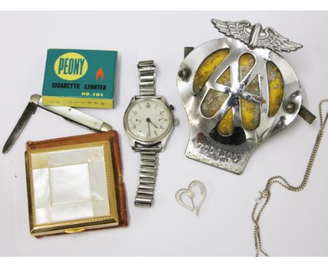 A mixed lot to include an AA badge, a vintage compact, a watch, a lighter, a pen knife etc.