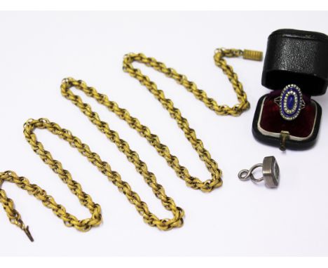 A mixed lot comprising a gilt chain, an enamel ring and a silver seal fob, chain length 93cm.
 
Condition - very good, no dam