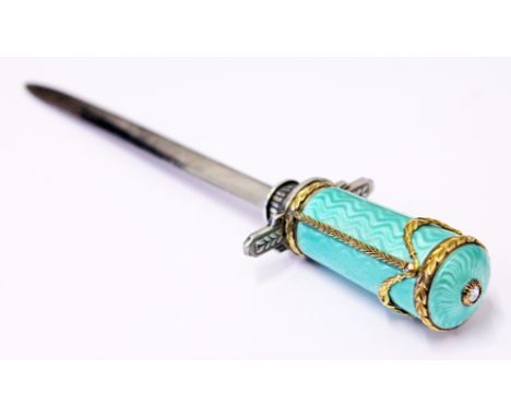 A Russian 14ct gold guilloche enamel and diamond paper knife, 56 standard, makers initials for Michael Perchin (Mikhail Yevla